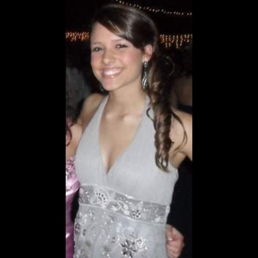 Grey heavily beaded dress with lace overlay.